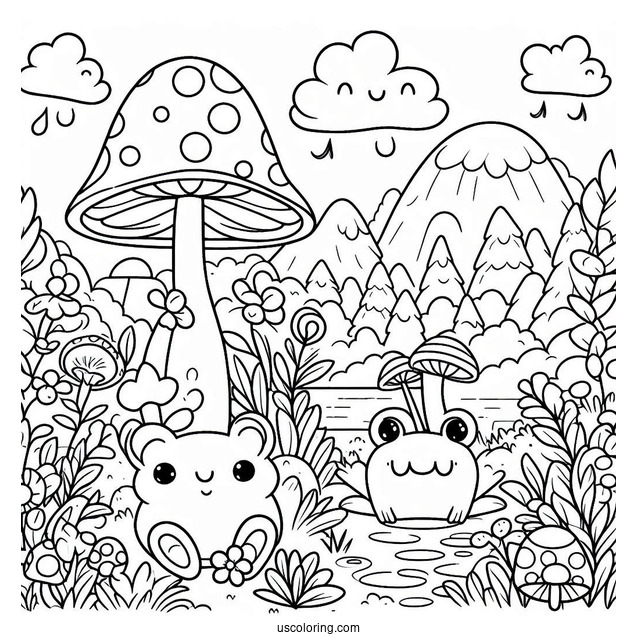 Cute Coloring Page Landscape With Mushrooms And Frogs