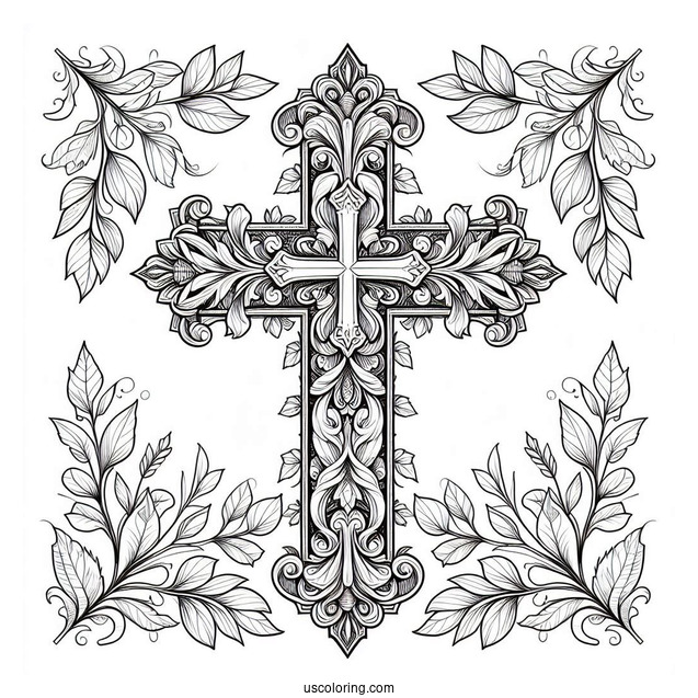 Fantasy Cross Coloring Page Framed With Lovely Leaves