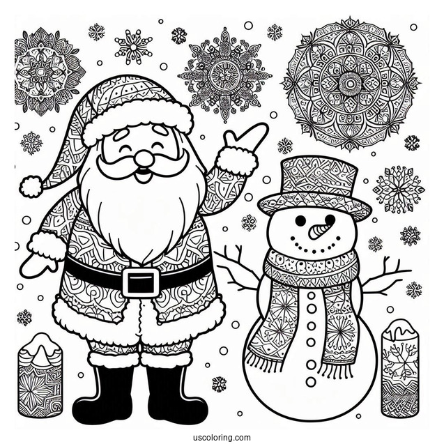 Santa Claus With Snowman And Christmas Mandala Coloring Page