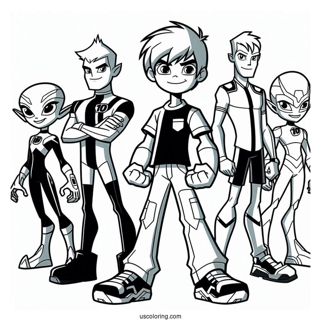 Ben 10 Coloring Page Of Ben Tennyson With All Ten Aliens