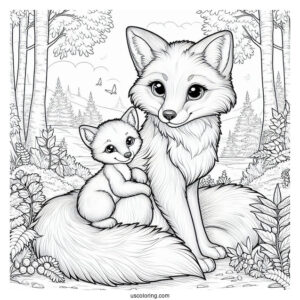 Realistic Mama Fox Coloring Page With Baby Fox In Forest