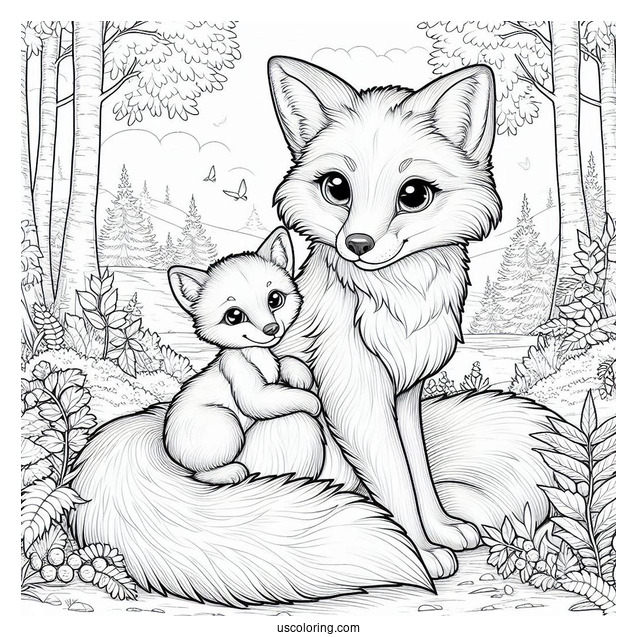 Realistic Mama Fox Coloring Page With Baby Fox In Forest