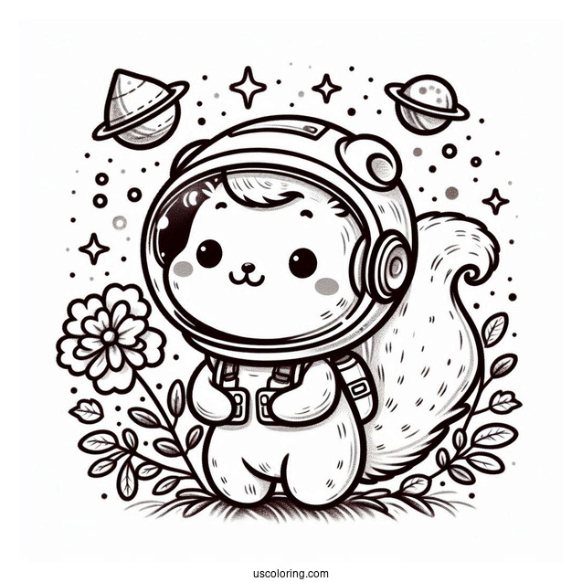 Cute Astronaut Squirrel Coloring Page With Flower And Chestnut