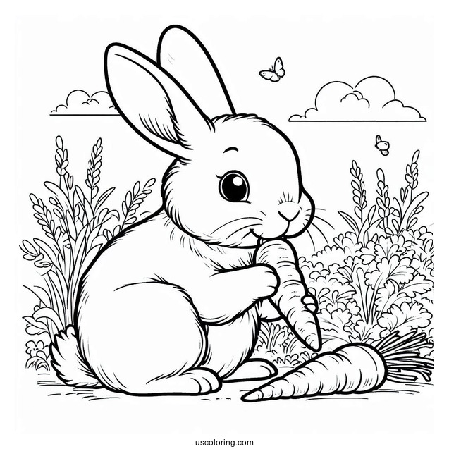Rabbit Coloring Page Chewing On Carrots While Harvesting In A Farm