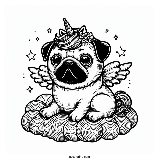Pug Wearing a Unicorn Horn To Color