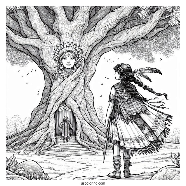 Realistic Native American Coloring Page Girl Standing Under Huge Tree