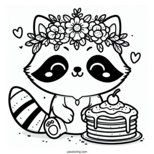 Kawaii Raccoon Coloring Page With Flower Crown And Pancake For Kids