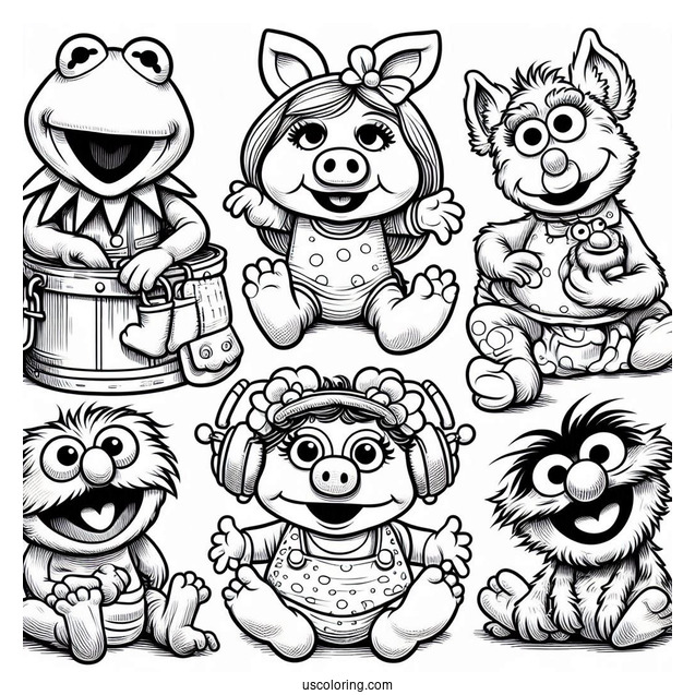 Muppets Coloring Page Of Babies Kermit, Miss Piggy, Fozzie, Gonzo, Animal, Rowlf, And Beaker