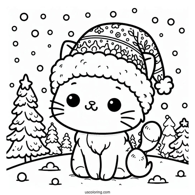 Cute Cat Wearing Santa Hat On Snowy Day