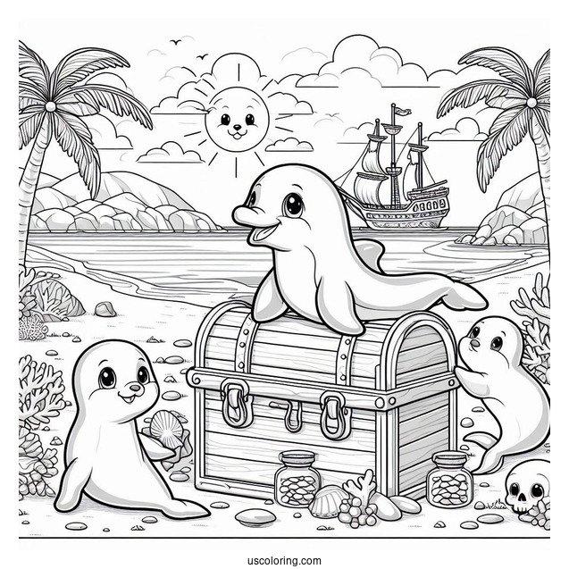 Palace Pets Coloring Page Of Treasure At The Beach With Dolphin And Seals For Kids