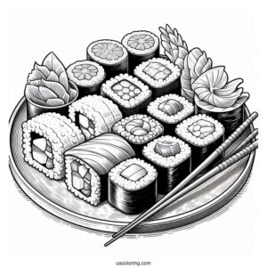 Realistic Sushi Coloring Pages Plate
