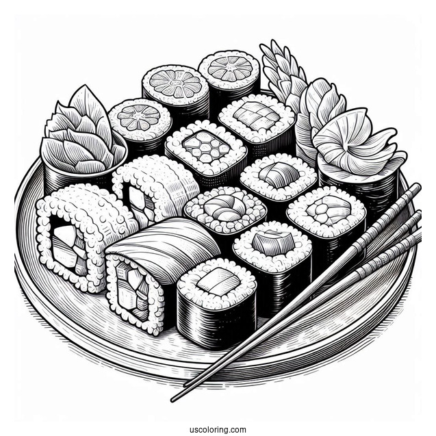 Realistic Sushi Coloring Pages Plate