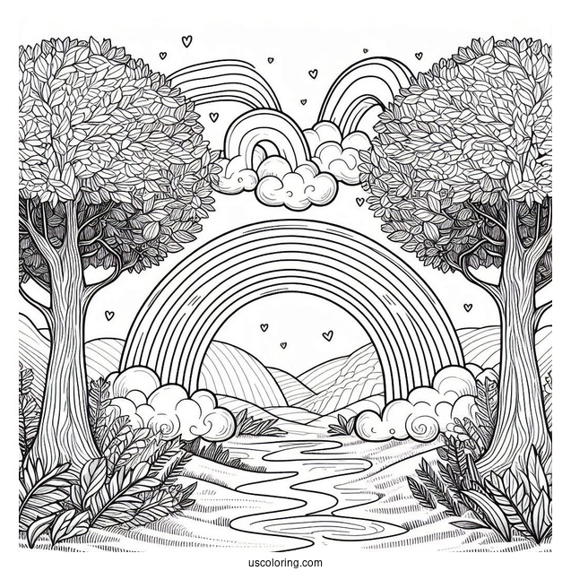 Rainbow Coloring Page Between Two Large Trees