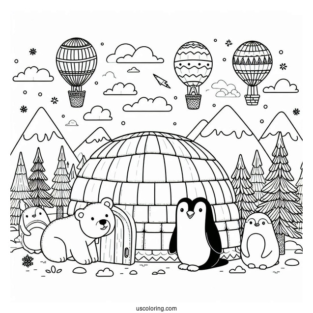 Igloo, Penguins, And Polar Bears In The North Pole Coloring Page For Preschoolers