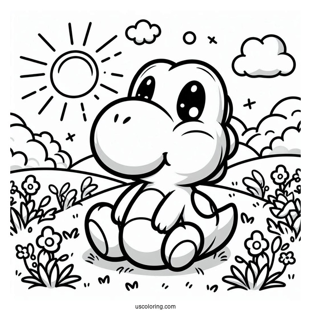 Kawaii Yoshi Sitting In Field Coloring For Kids