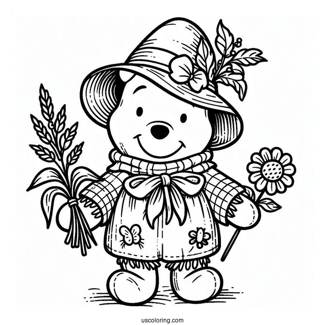 Adorable Winnie The Pooh Dressed As A Scarecrow Coloring Page For Preschoolers