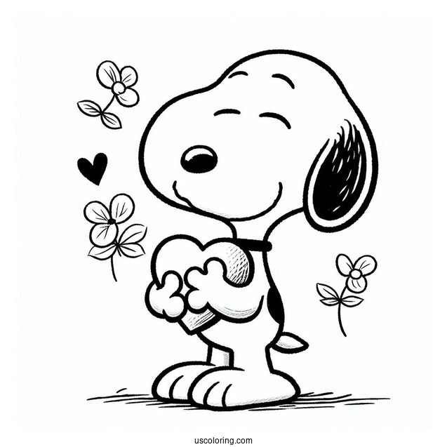 Snoopy Holding a Love Heart To Color