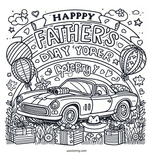 Father's Day Coloring Page Of Words Above A Car