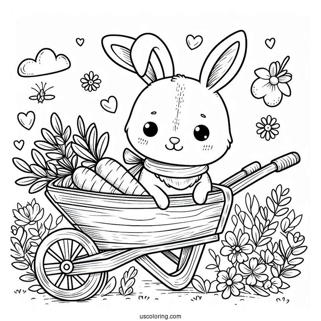 Rabbit In A Wheelbarrow With Carrots In Spring Coloring Sheet For Preschoolers