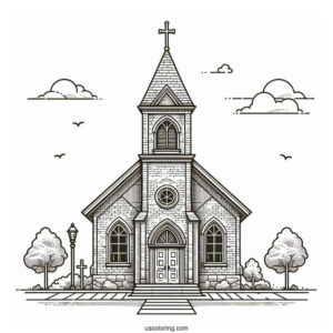 Brick Church Coloring Page Building With Crosses And A Bell Tower