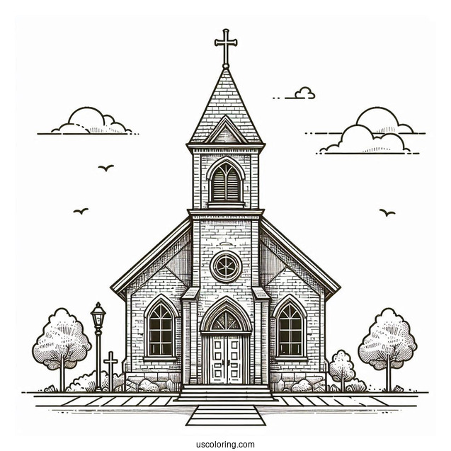 Brick Church Coloring Page Building With Crosses And A Bell Tower