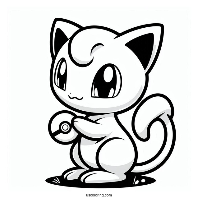 Easy Mew Coloring Page Holding Pokeball For Kids