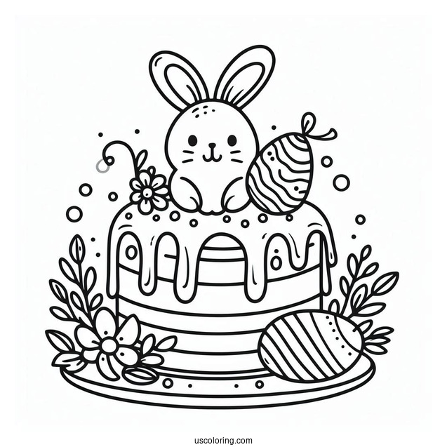 Coloring Page Of Easter Cake With Bunny And Egg Topper