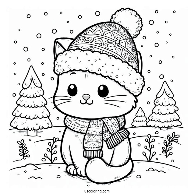 Cute Cat Wearing Santa Hat On Snowy Day