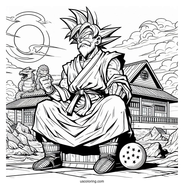 Dragon Ball Z Coloring Page Of Master Roshi in Vacation Shirt at Kame House