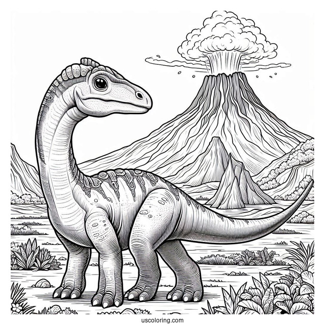 Parasaurolophus Coloring Page Standing In Front Of Volcano