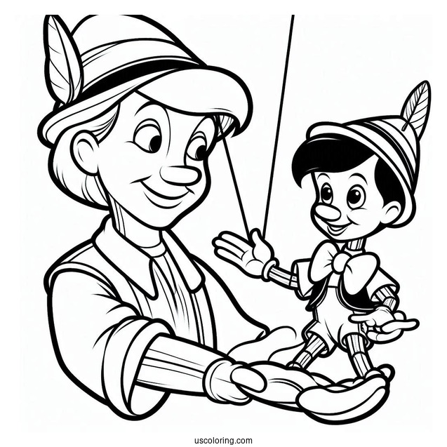 Geppetto Controlling Puppet Pinocchio Coloring Page