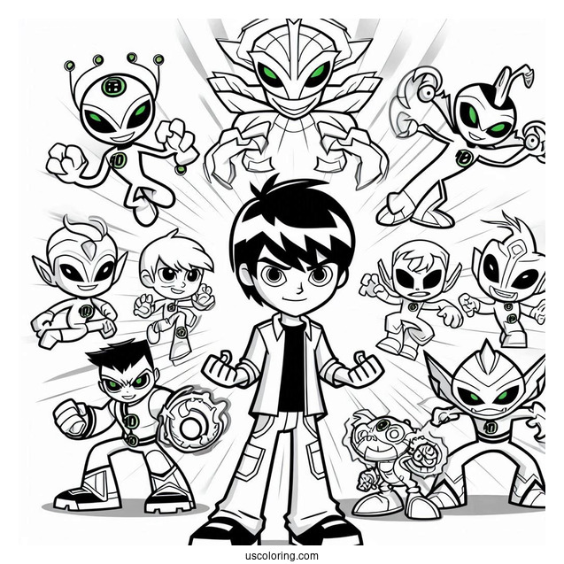 Ben 10 Coloring Page Of Ben Tennyson With All Ten Aliens