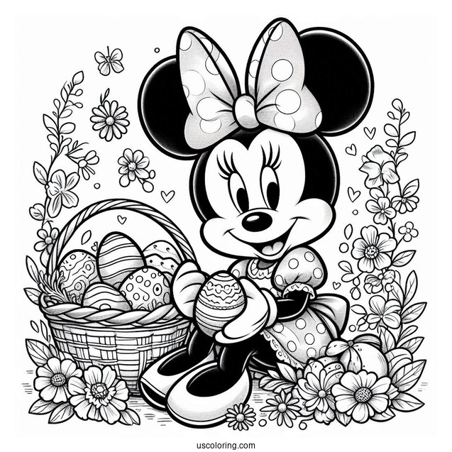 Minnie Mouse In Easter Bunny Coloring Page Costume Holding Basket With Eggs