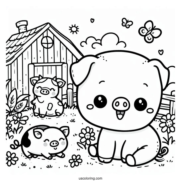 Adorable Kawaii Pig With Cows On a Farm