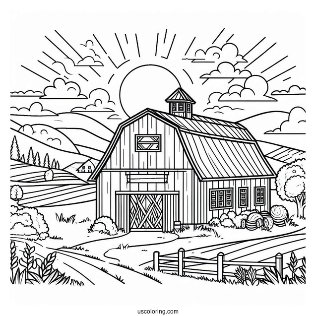 Easy To Color Barn With Fields To Color