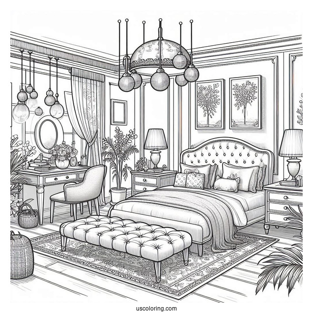 Classy Bedroom Coloring Page With Ottoman, Paintings, And Hanging Lights