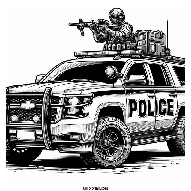 Police Car Coloring Page Of Realistic SWAT Vehicle With An Armed Agent Outside