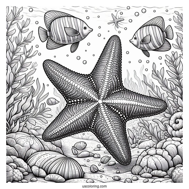 Realistic Starfish Coloring Page On Seafloor With Fishes