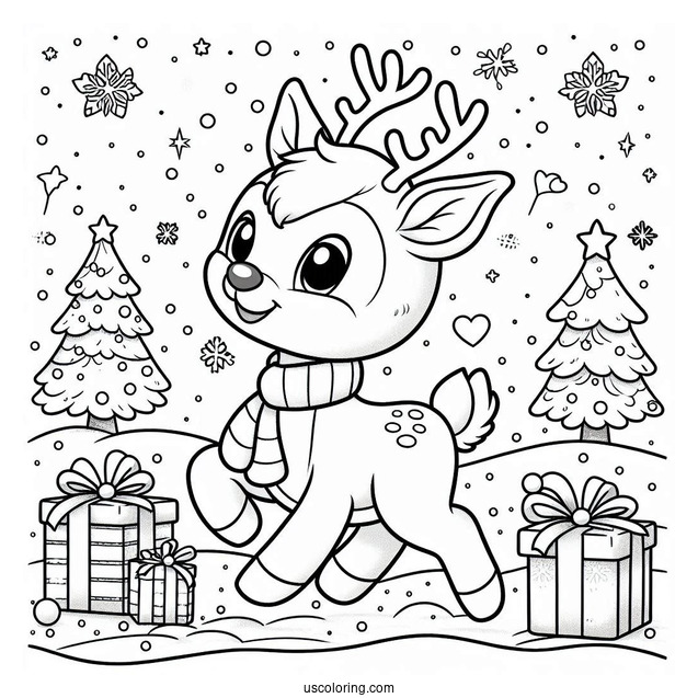 Happy Rudolph Coloring Page Trotting In The Snow With Presents In The Background