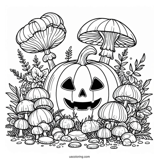 Pumpkin Coloring Page Of Creepy Jack O Lantern Surrounded By Mushrooms In The Garden