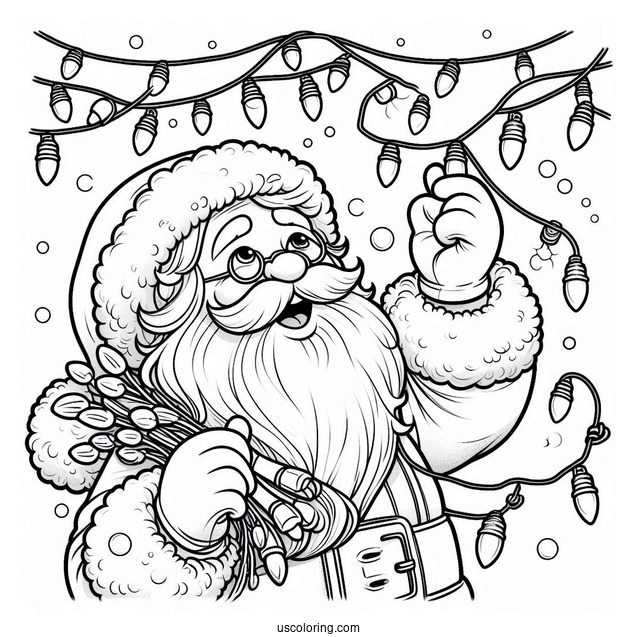 Jolly Santa Haning Up Christmas Lights To Color