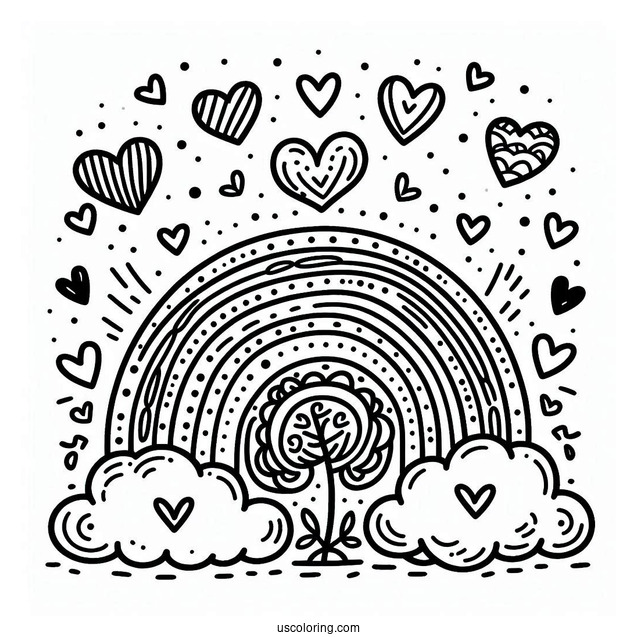 Small Rainbow Coloring Page Surrounded By Love Hearts For Kids