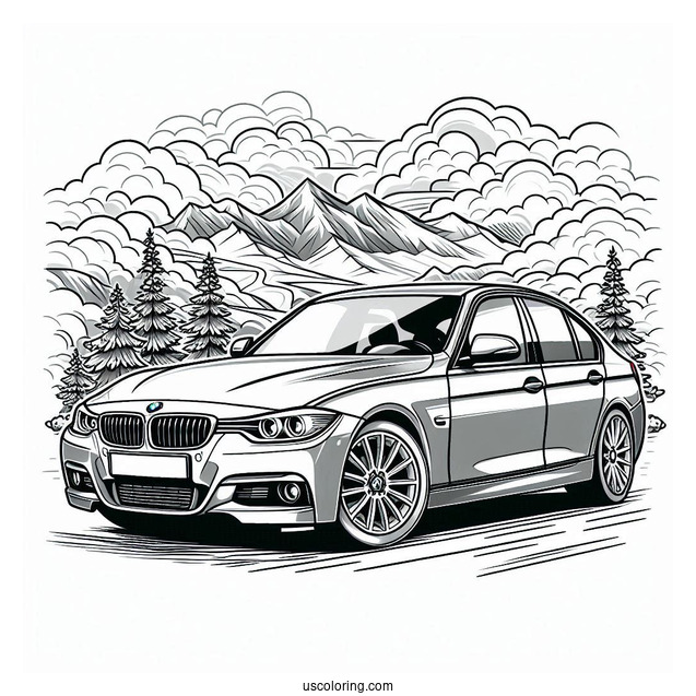 BMW Coloring Page Series 3 Berline With Cloudy Background
