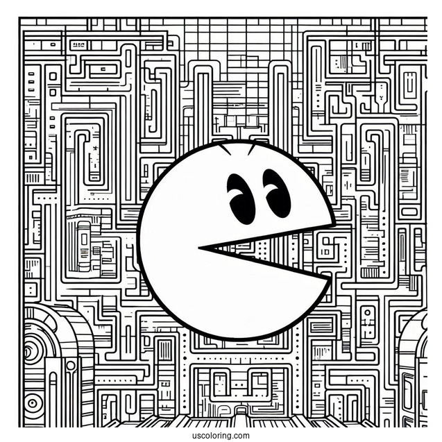 Smirking Pac-Man Coloring Page With Maze In Background