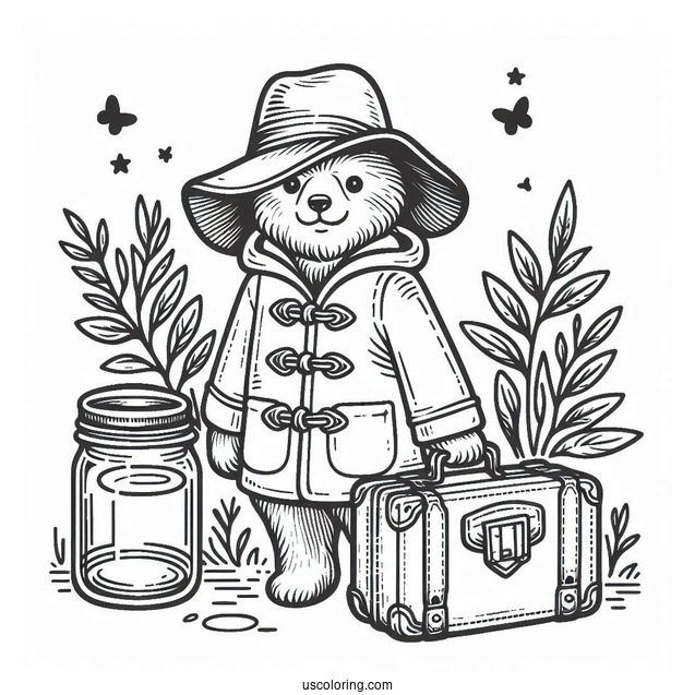 Easy Paddington Coloring Page Outline With Suitcase And Jar For Preschoolers