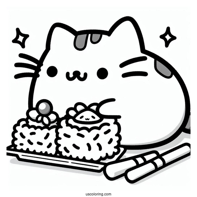 Kawaii Pusheen Eating Sushi Coloring Page