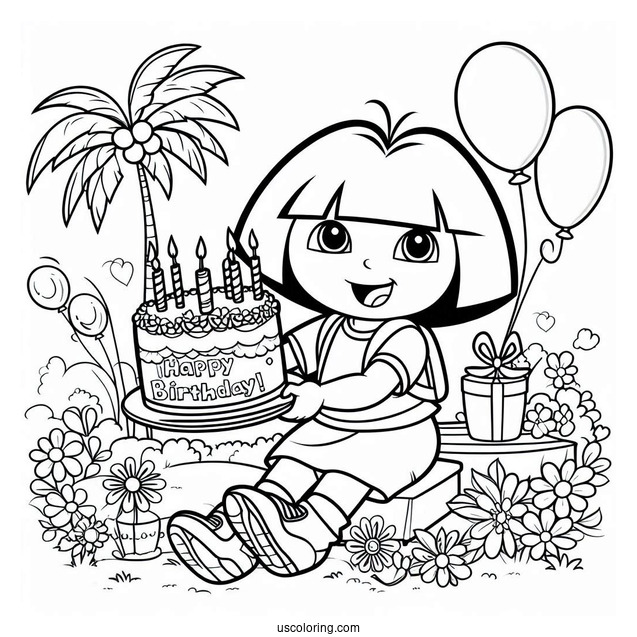 Dora Happy Birthday Coloring Page For Kids