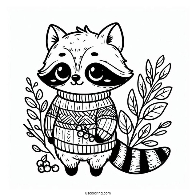 Cute Raccoon Coloring Page In A Sweater In Fall
