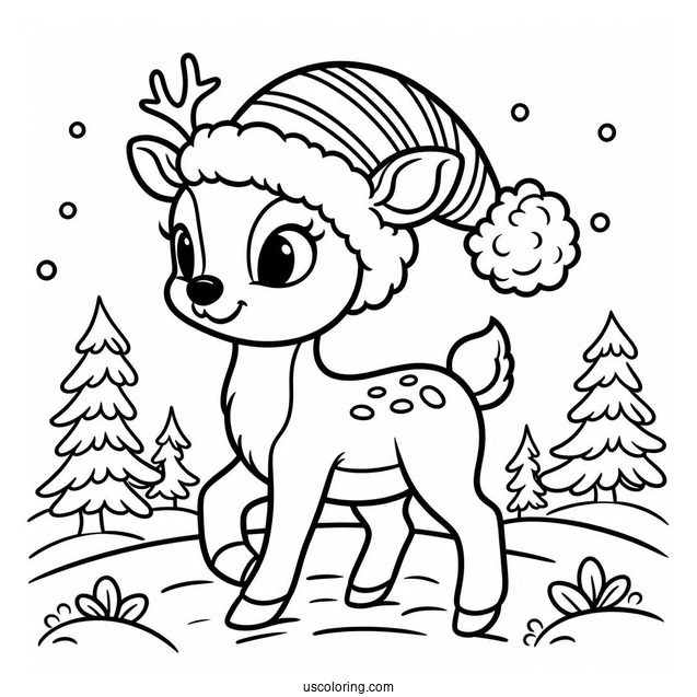 Rudolph Coloring Page Wearing A Santa Hat While Walking In The Snow