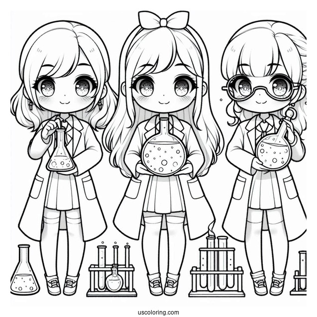 Science Coloring Page Of Kawaii Female Scientists Holding Volumetric Flasks